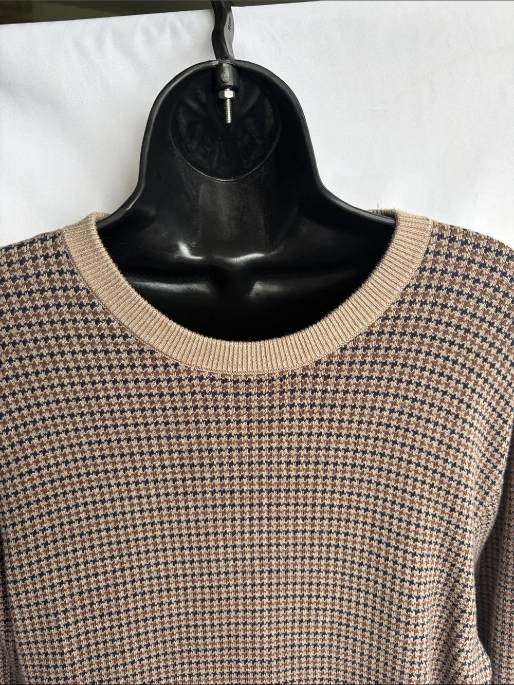 J Crew Houndstooth Sweater Mens M Brown Beige Cotton Knit Crewneck Pullover